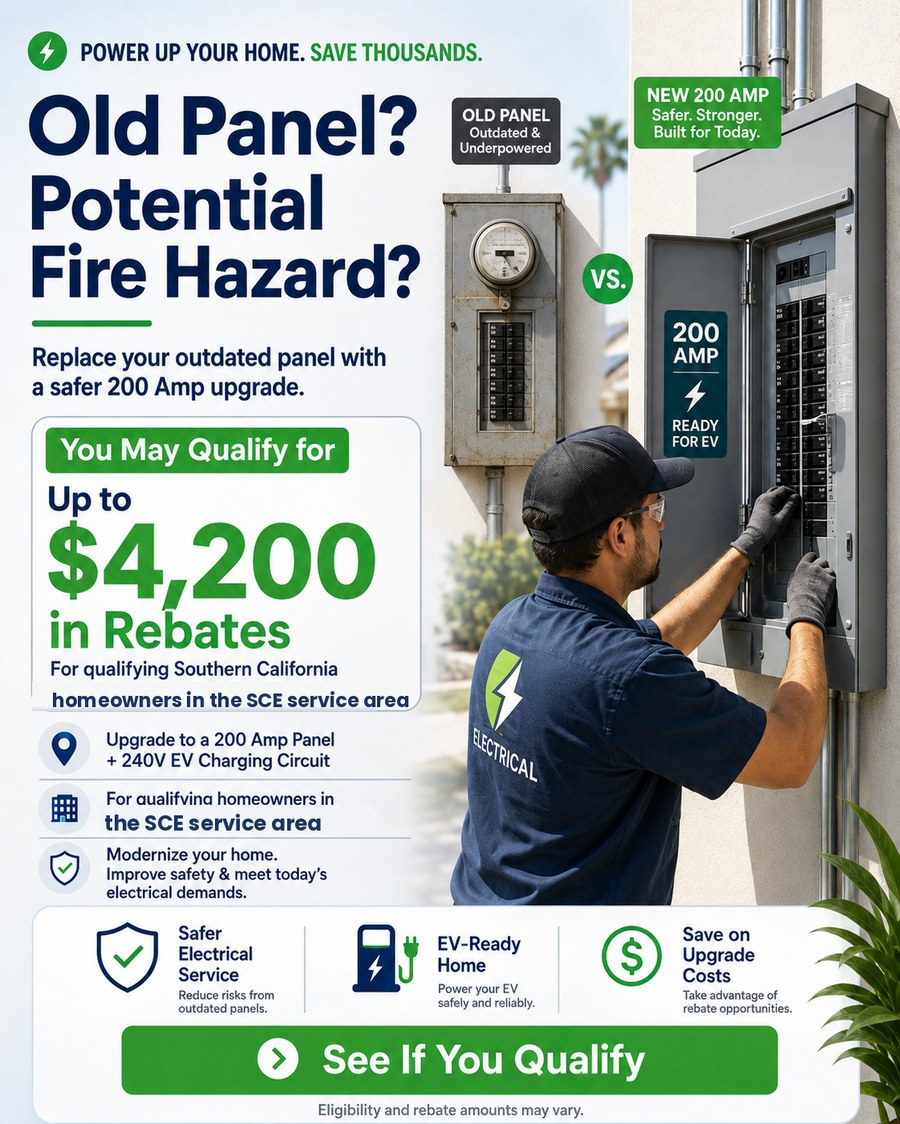 Old Panel? Potential Fire Hazard? Replace your outdated panel with a safer 200 Amp upgrade. You may qualify for up to $4,200 in rebates for qualifying Southern California homeowners in the SCE service area.